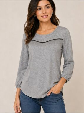 Adrienne Vittadini Gray Beaded Fringe Knit Top Size Small